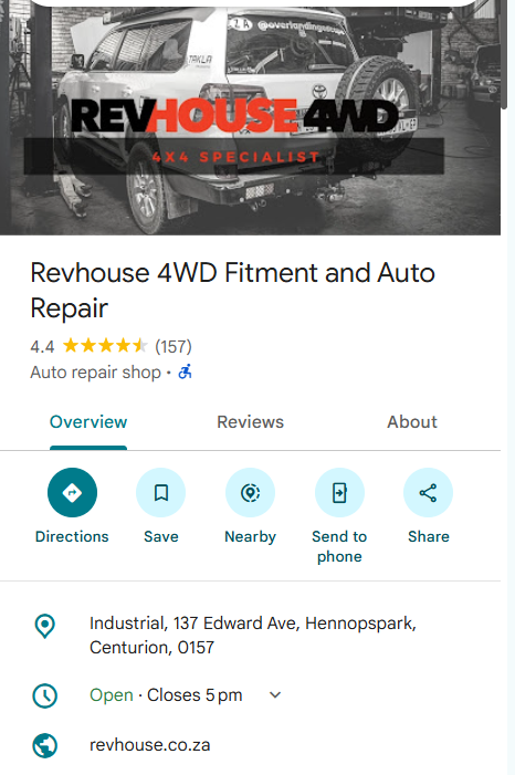 Google Business Profile for Revhouse 4WD Fitment and Auto Repair in Centurion, showing a 4.4 star rating from 157 Google reviews